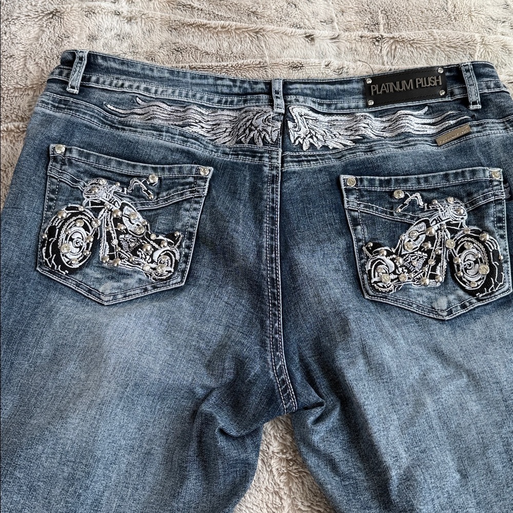 Platinum Plush bling Blue Denim Jeans with Studded Accents size 17